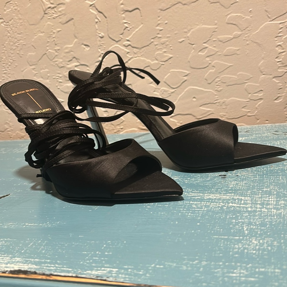 Black Suede Studio Terina Satin High Heel (Never Worn, Brand NEW!)